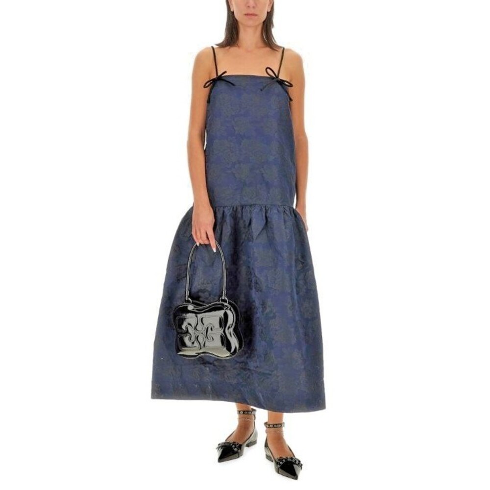 NEW Ganni Women's Navy Midi Dress Jaquard Floral EU 36 Size 4 FORMAL